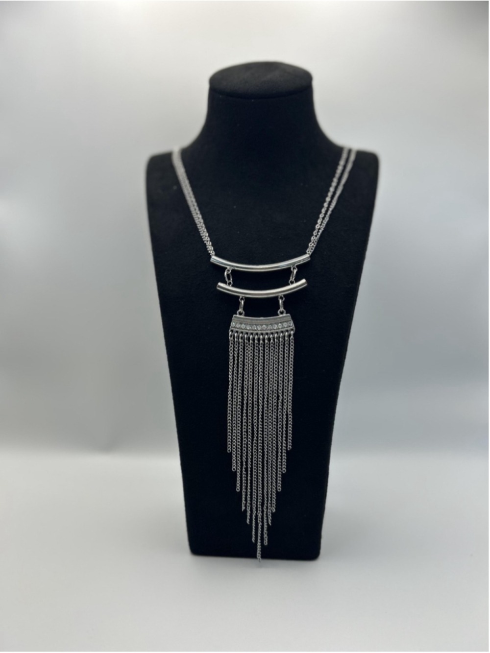 Silver Tone Fringe Tassel Statement Necklace Layered Bar Chain 17 Inch Y2K